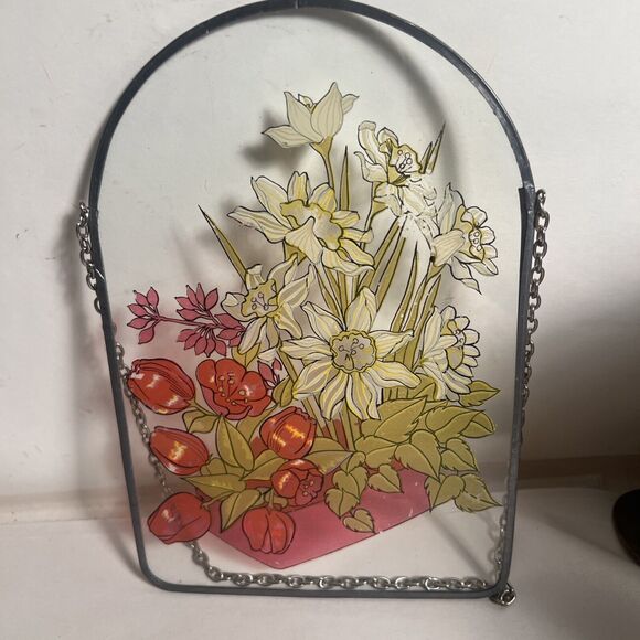 Window Picture, Basket Of Assorted Flowers  Hanging Floral Art 8”x5.5” - Picture 1 of 7